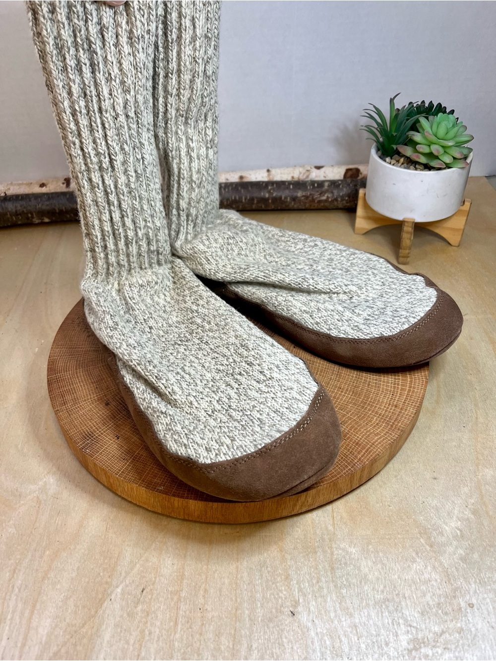 L.L. Bean Men's Heathered Cream Sock Slippers Brown Suede Toe Size L (10.